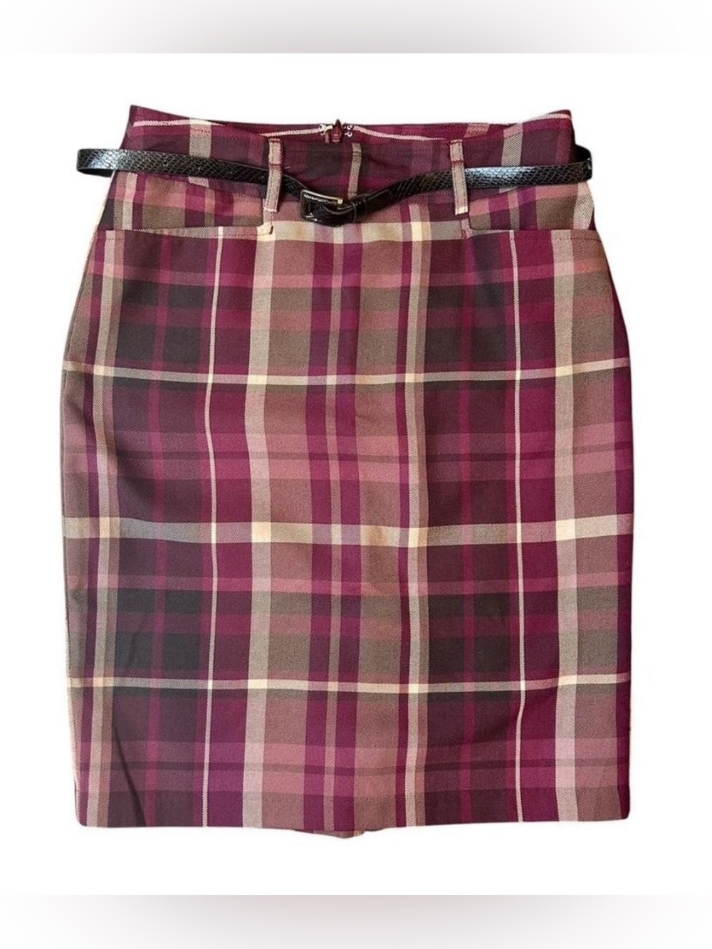 Y2K midi magenta plaid skirt with brown belt